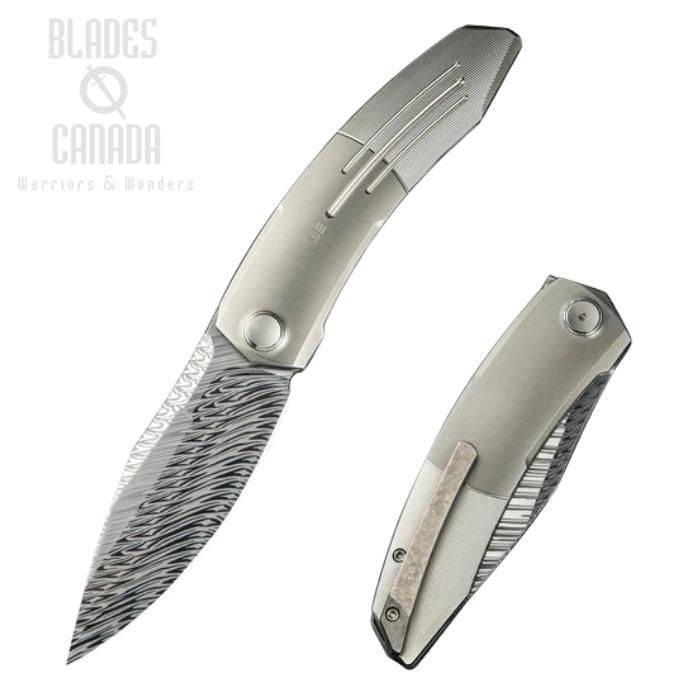 WE Knife Sine Wave Folding Knife, Fafnir Damasteel, Titanium Bead Blasted/Satin, WE23069B-DS1